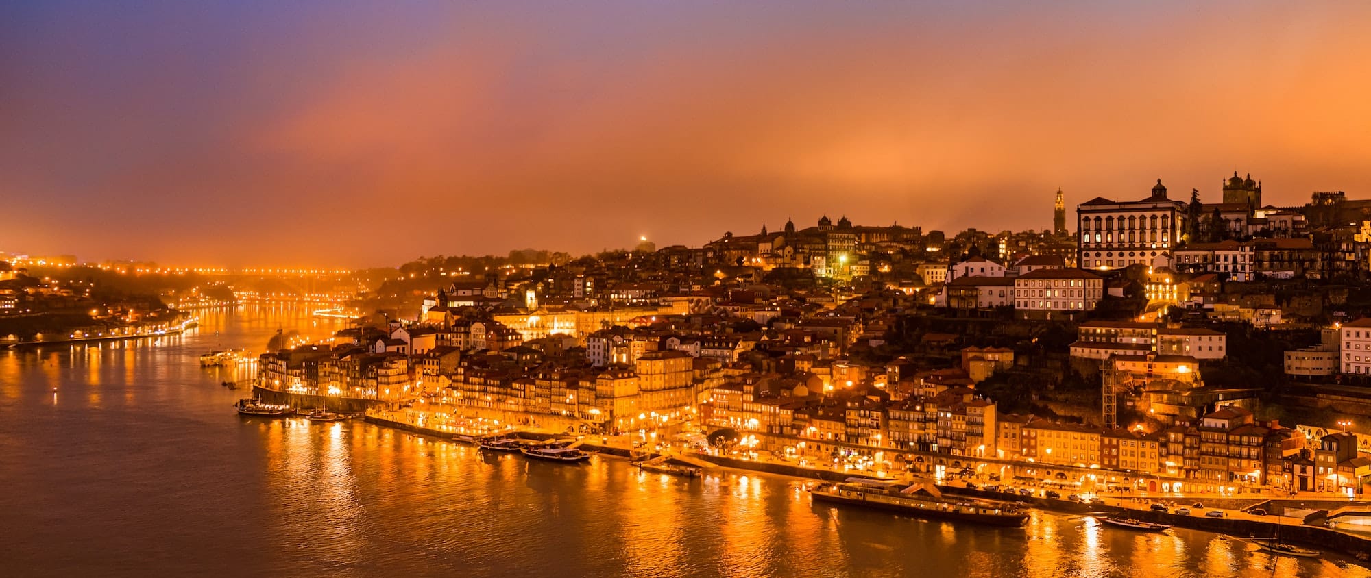 Panorama of old city Porto at sunset.