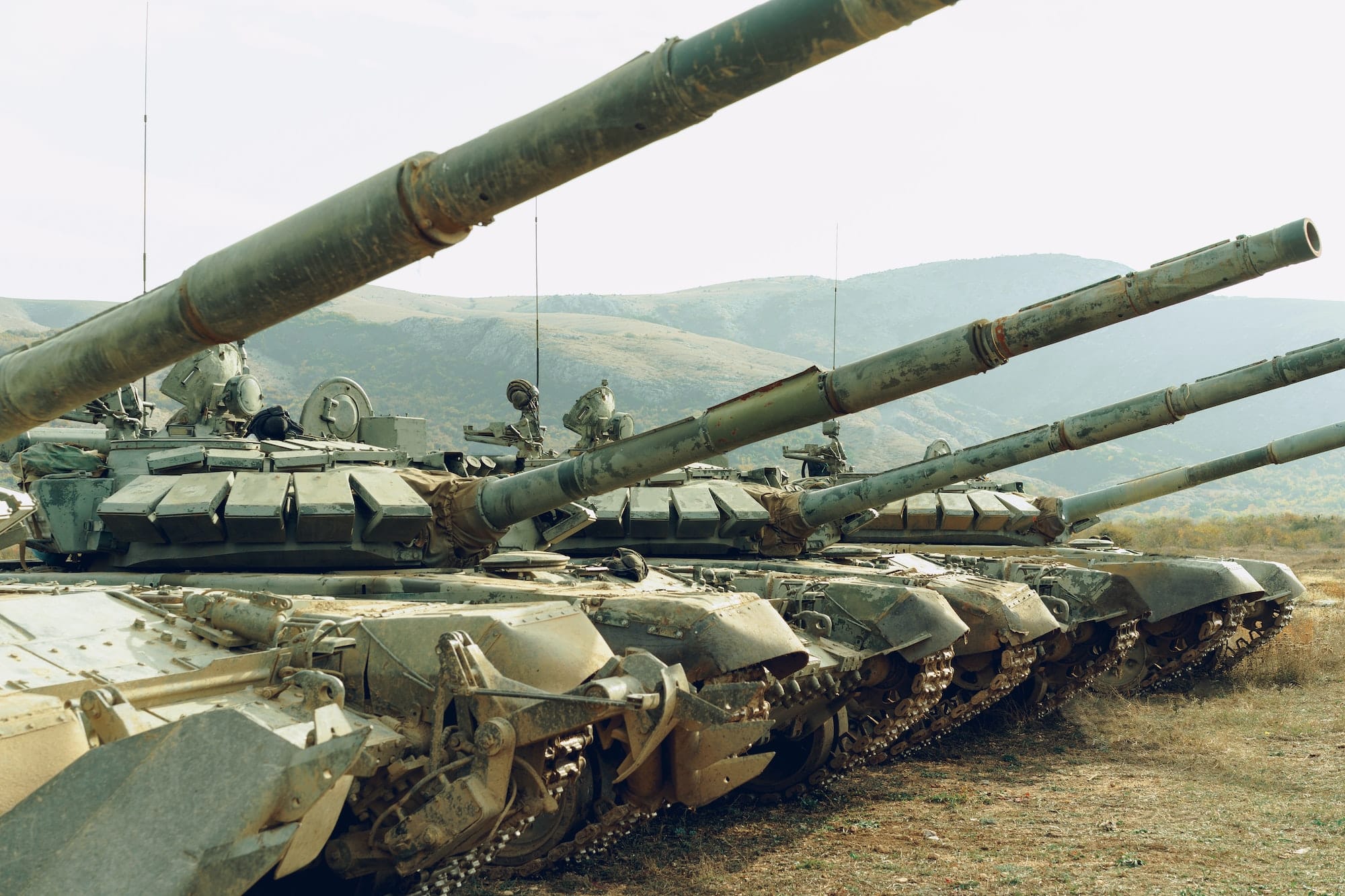 Russian battle tanks at tankodrome in mountains