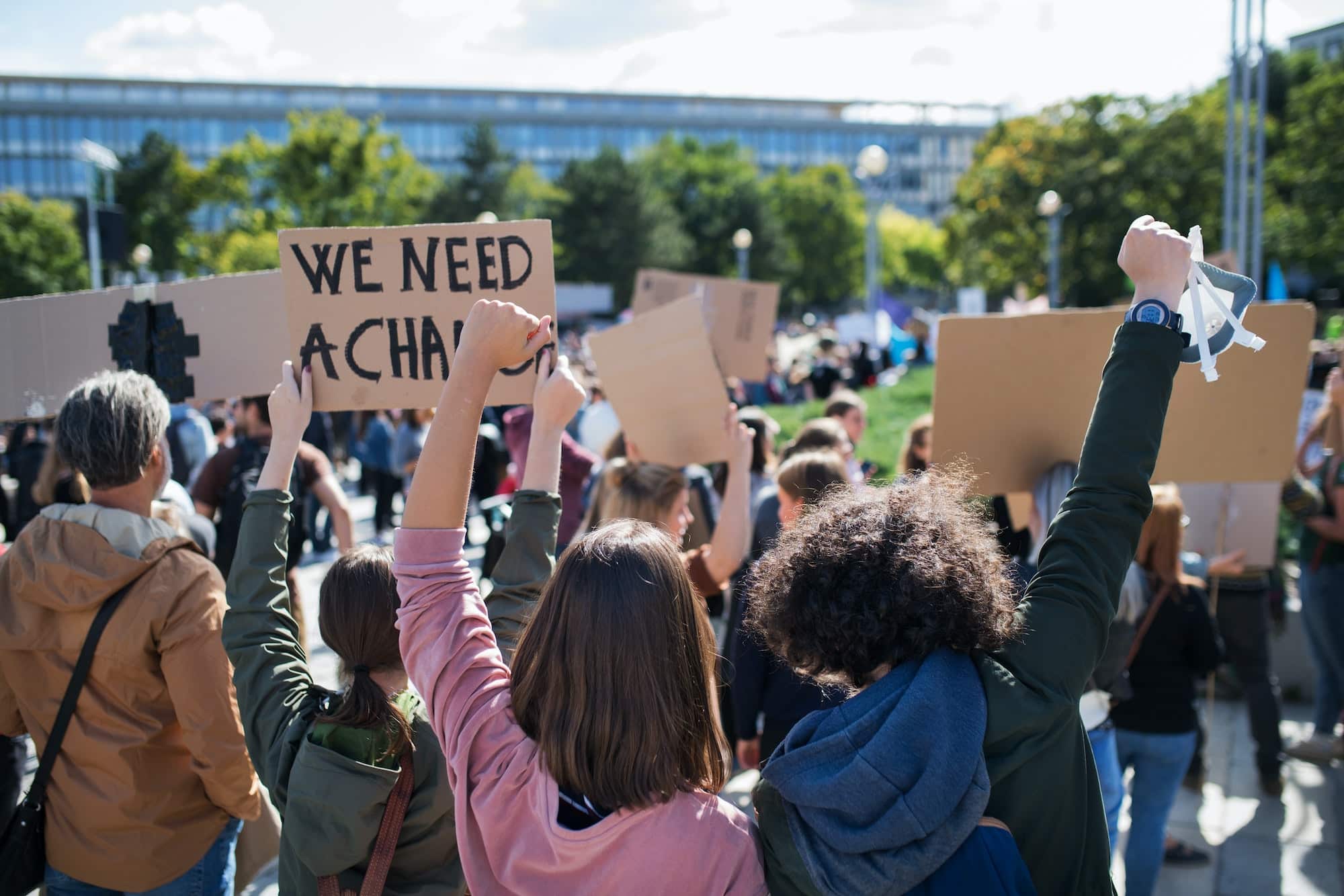 Rear view of people with placards and posters on global strike for climate change