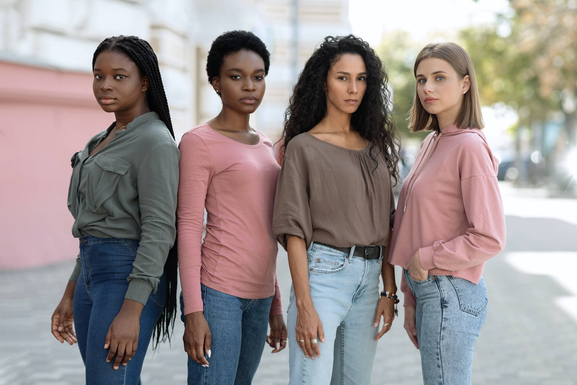 Multiracial attractive young ladies fighting for women rights