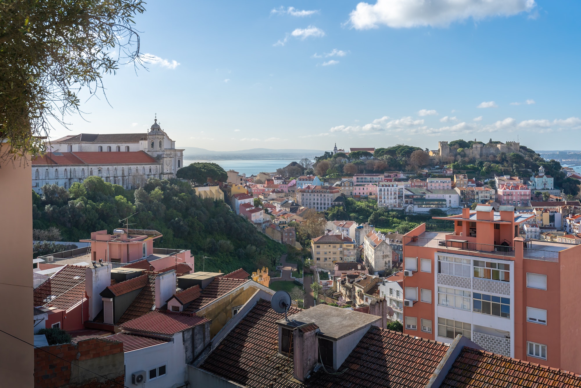 Aerial view of Lisbon with Graca Convent and Sao Jorge Castle - Lisbon, Portugal