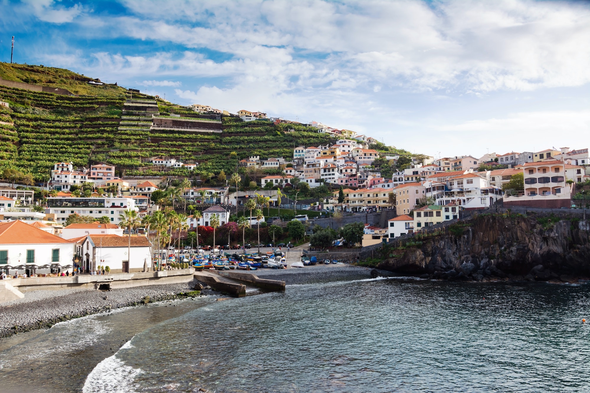 FISHING VILLAGE, MADEIRA ISLAND - February 20, 2022: Madeira scenic city in the marina view.