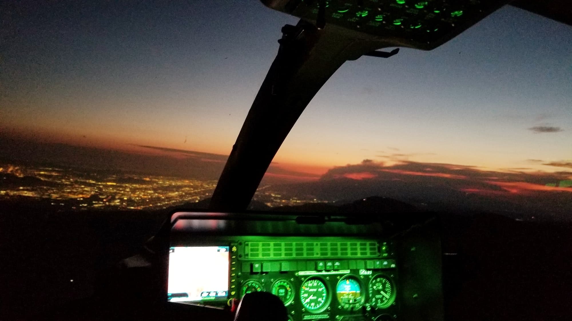 Night Flight! From my perspective! Looking out the windshield of helicopter at sunset! NOMINATED!!