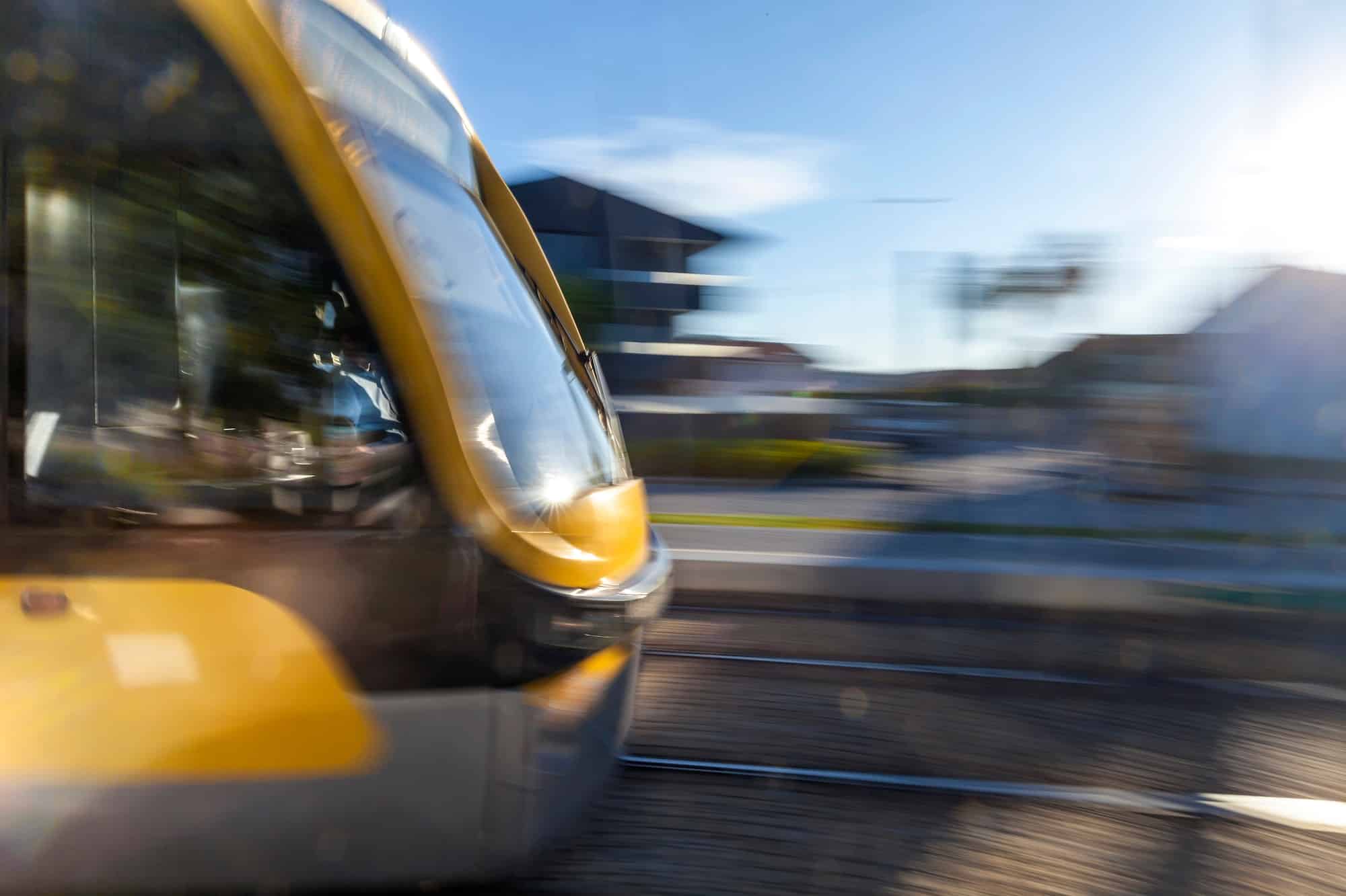 Traveling by train, modern metro running from one station to another in Porto, Portugal