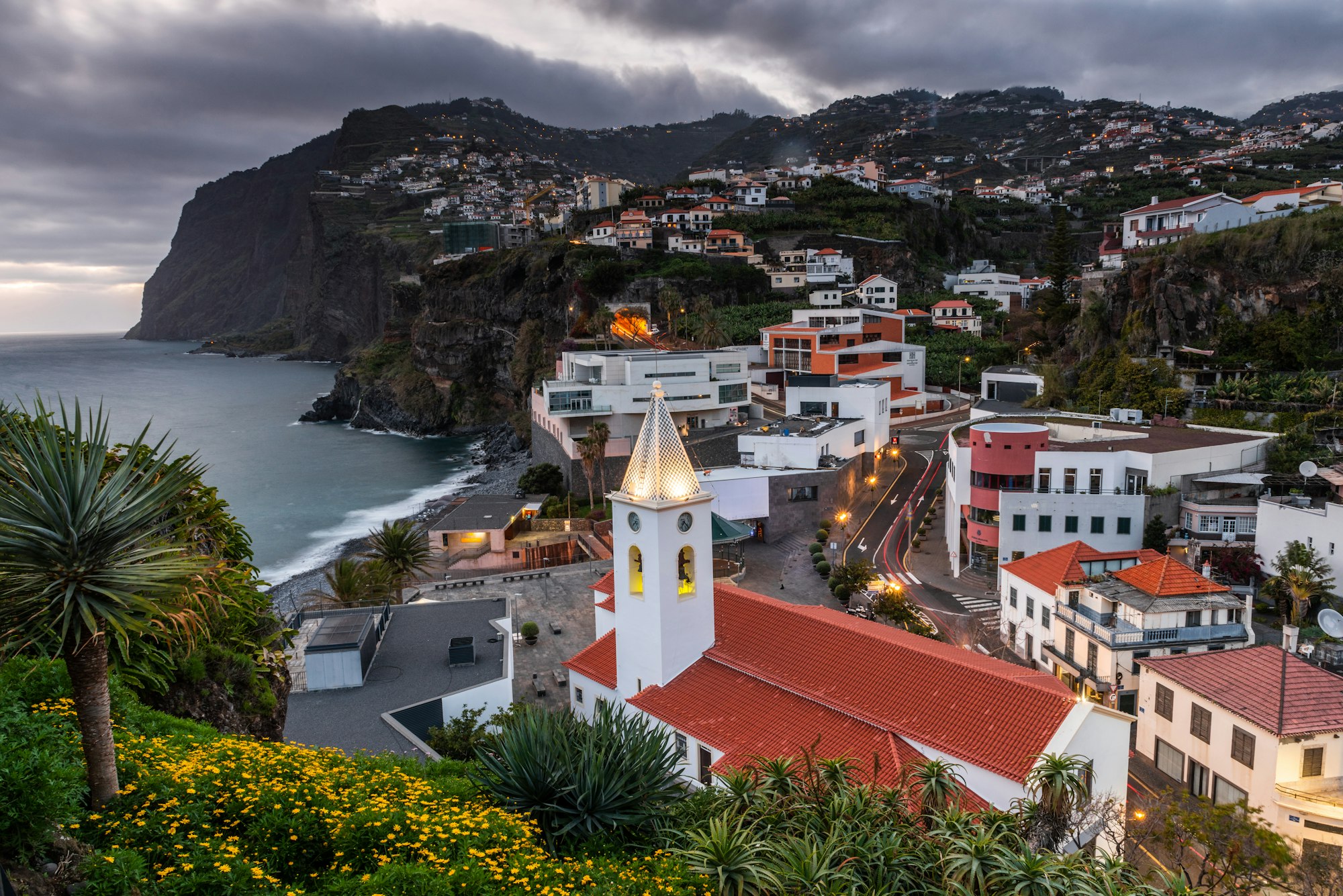 Cityscape of Camara de Lobos, architecture of the seaside town in Madeira island, Portugal