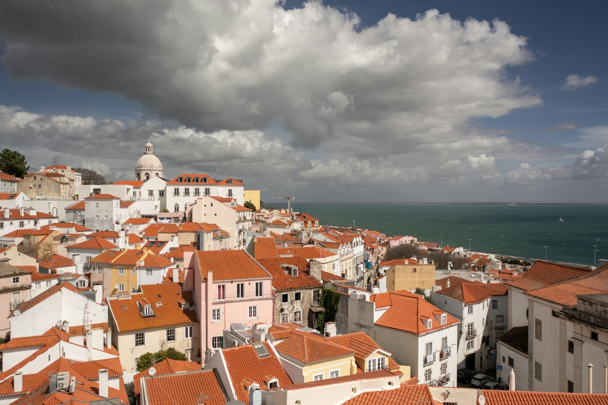 Aerial view of Alfama Lisbon downtown summer day