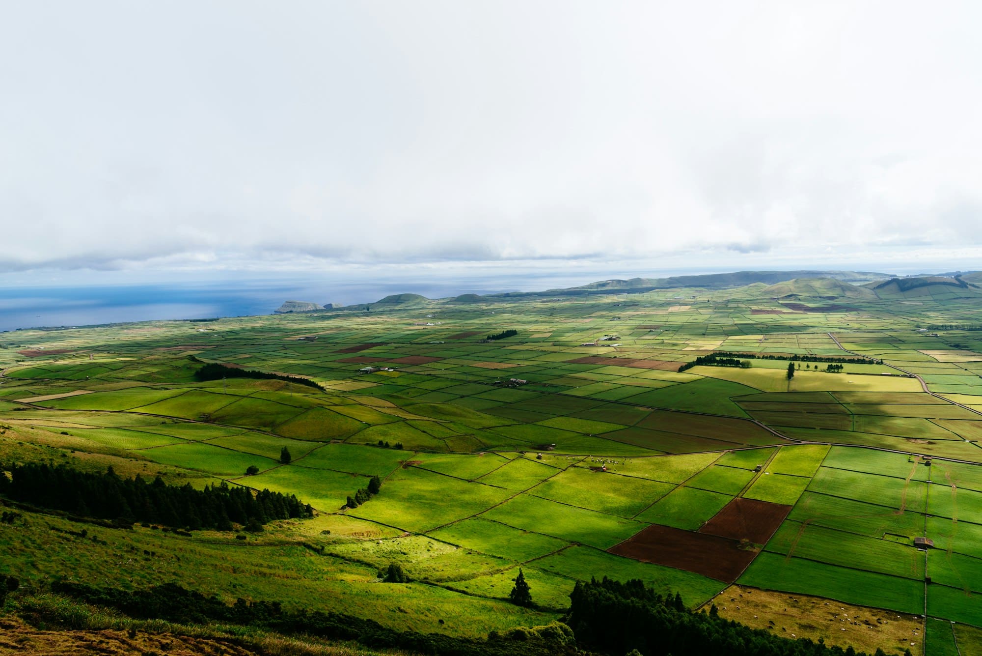 Panoramic aerial view of traditional rural farmland in Terceira Island