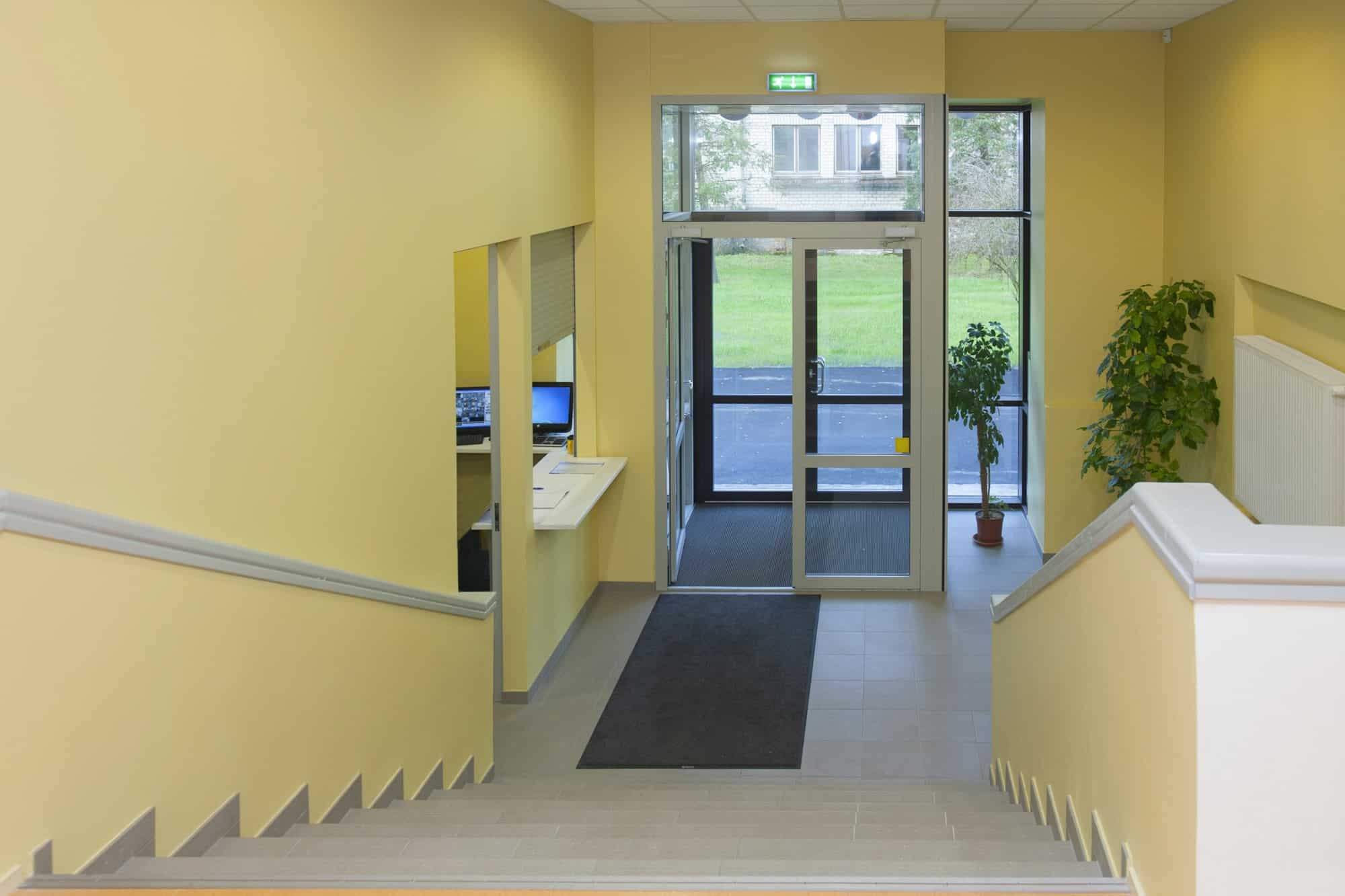 Modern youth hostel building, a hostel for teenagers and students. Stairwell.