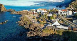 Aerial view of Porto Moniz Natural Pools at sunset in Madeira, P